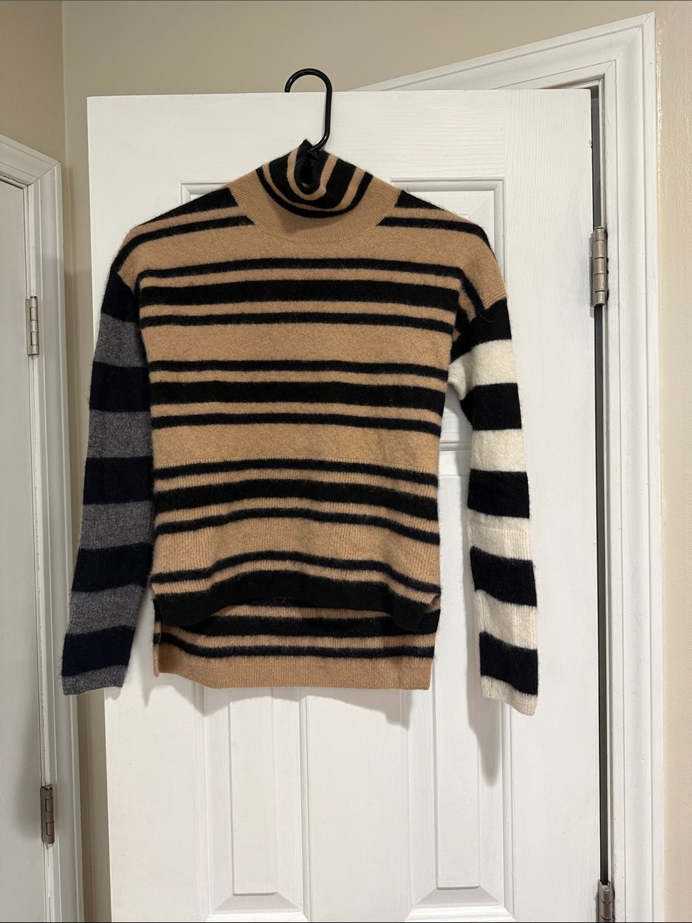 Striped Wool-Blend Turtleneck Sweater in Camel and Black